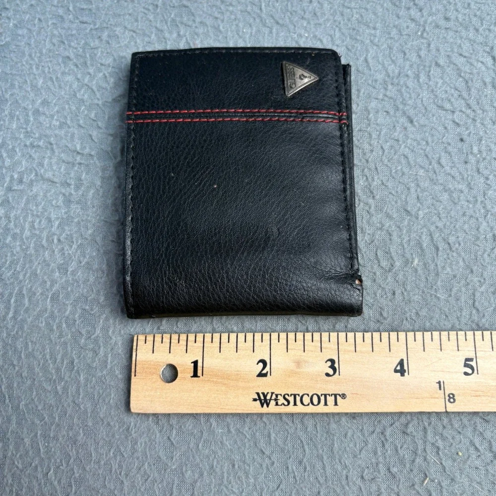 Guess Mens Bifold Wallet Black Faux Leather Red Stitching Triangle Logo Logo